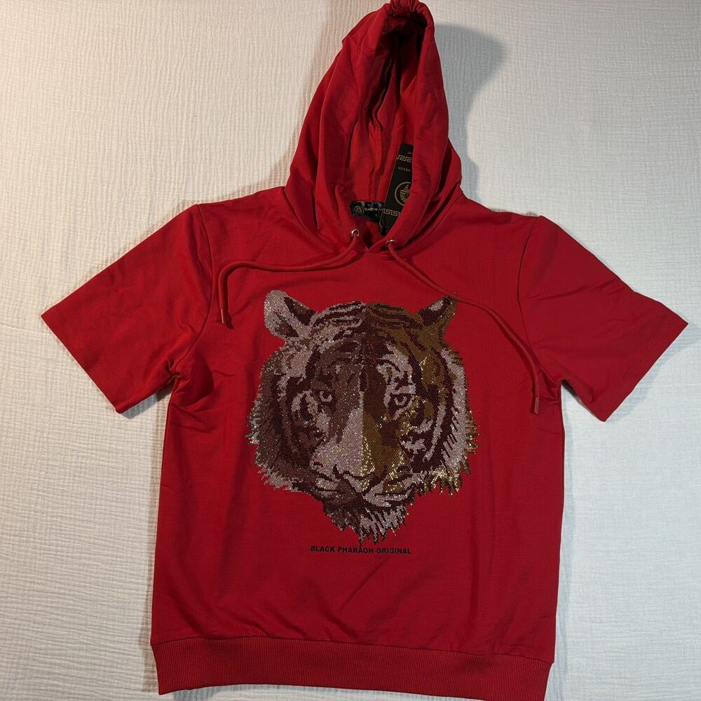 Black Pharaoh Men's Size S Rhinestone Tiger Graphic Hooded T-shirt